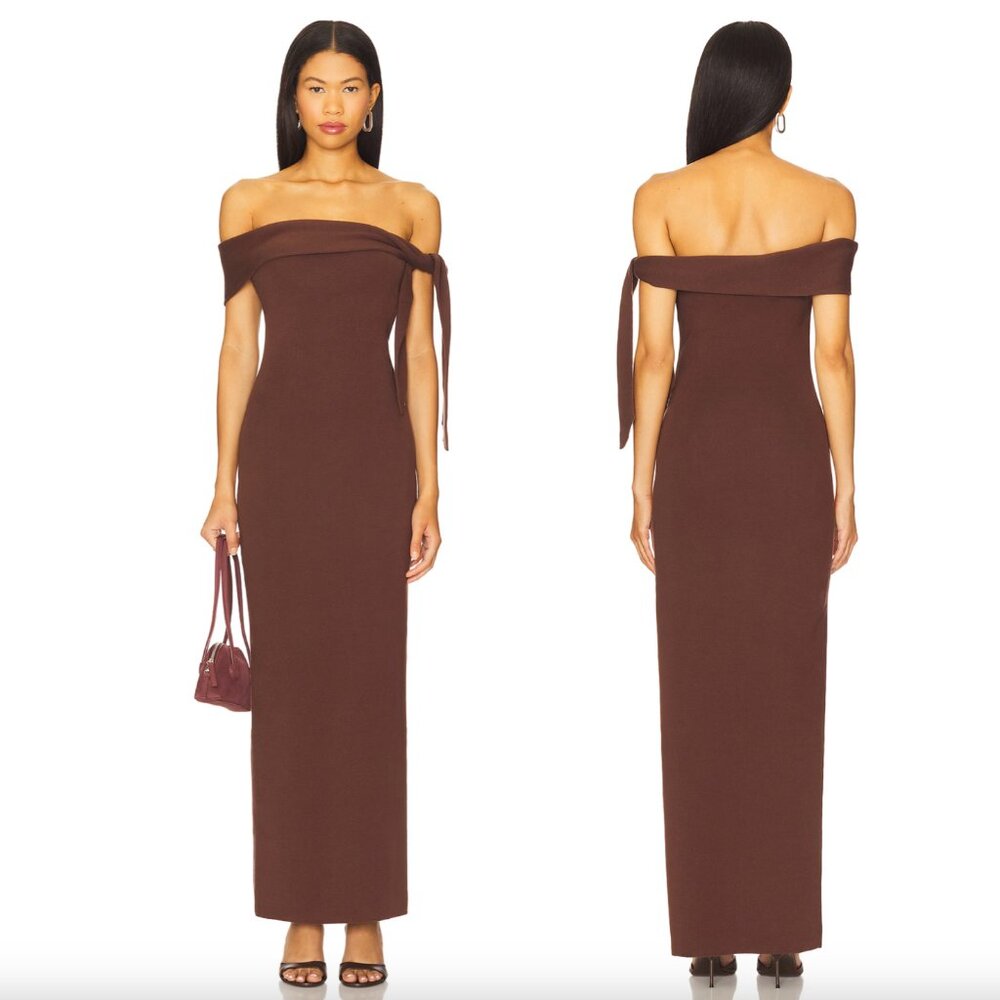 SNDY: Off-the-Shoulder Brown Maxi Dress